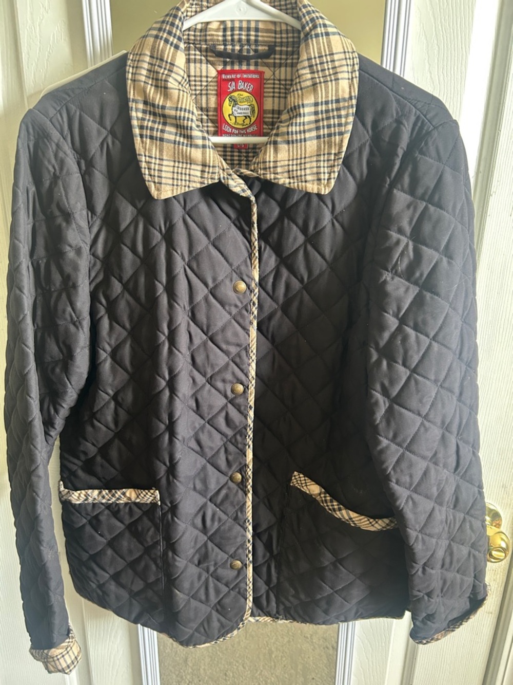 Sea Bark Quilted Black Pea Coat with Plaid Trim